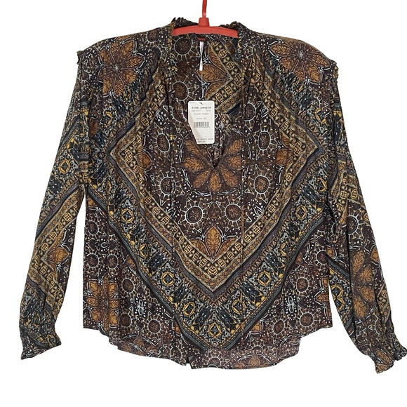 Free People Little Runaway Geometric Print Boho Peasant Top Blouse Size XS Brown - Picture 2 of 12